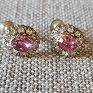 Elegant Pink and White Rhinestone Gold Screw On Earrings Signwd Vargas, Vintage